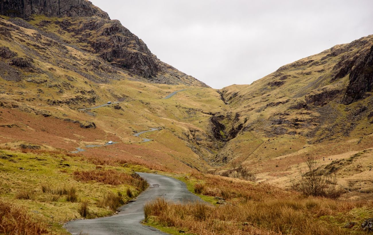 View of the steep Hardknott Pass cycle up the east side.