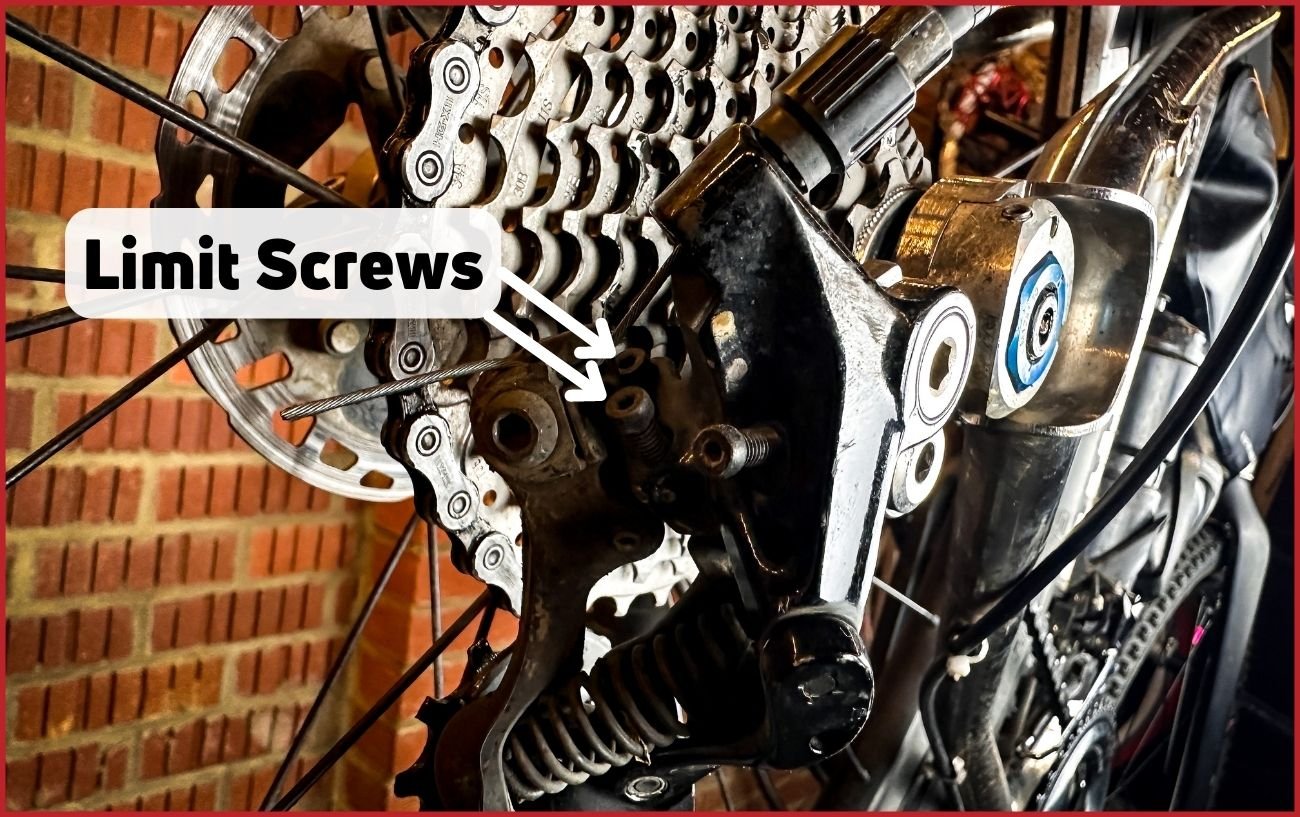 Diagram showing the limit screws on the rear derailleur.