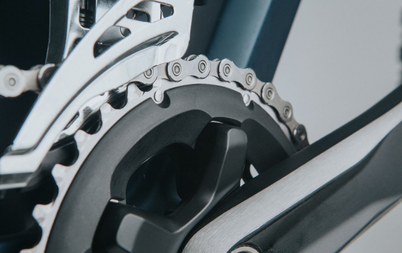 Close-up of a bike's crankset.