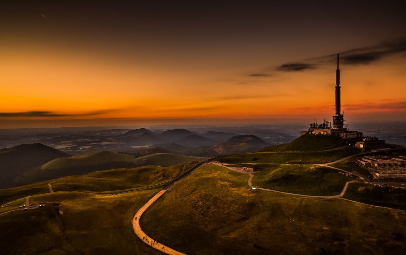 Aerial shot of the Puy de Dome at sunset.