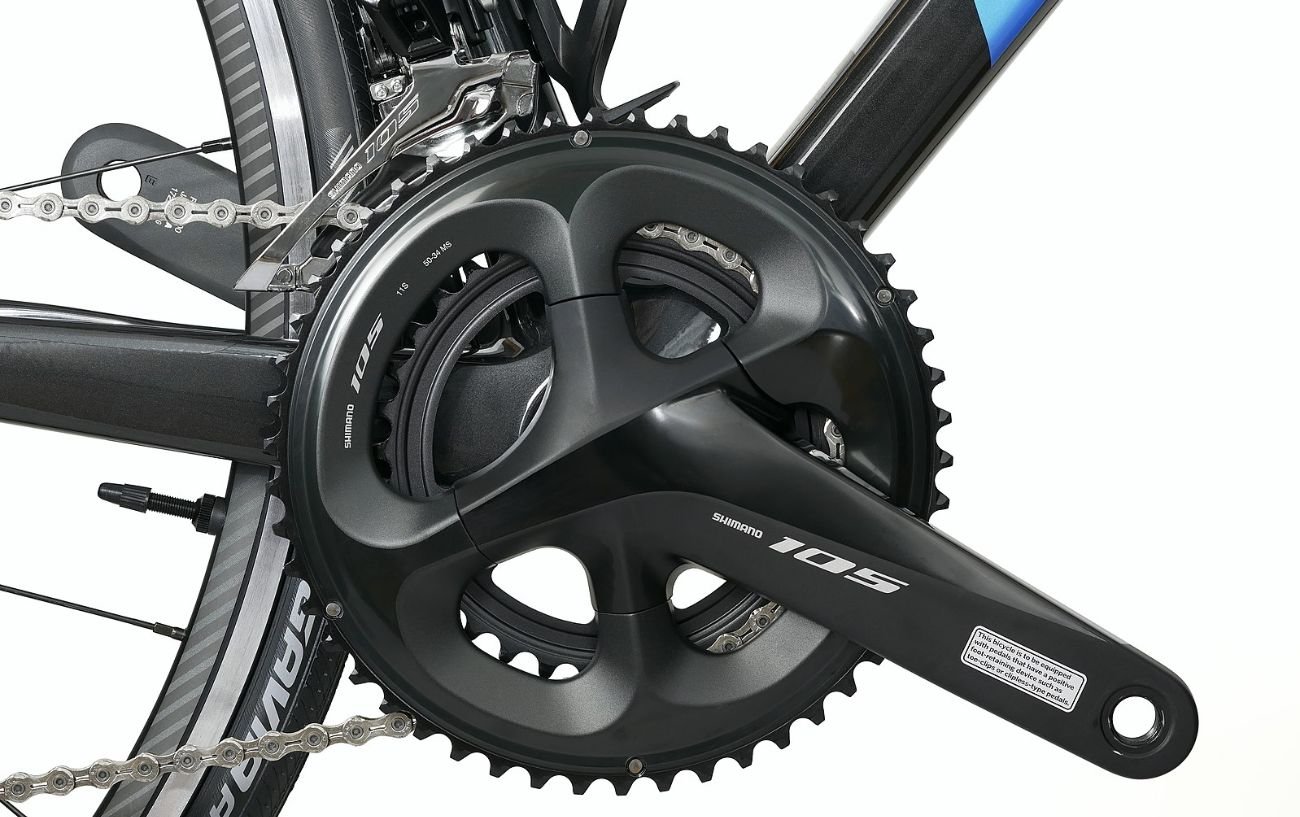 Close-up of a black Shimano 105 crankset.