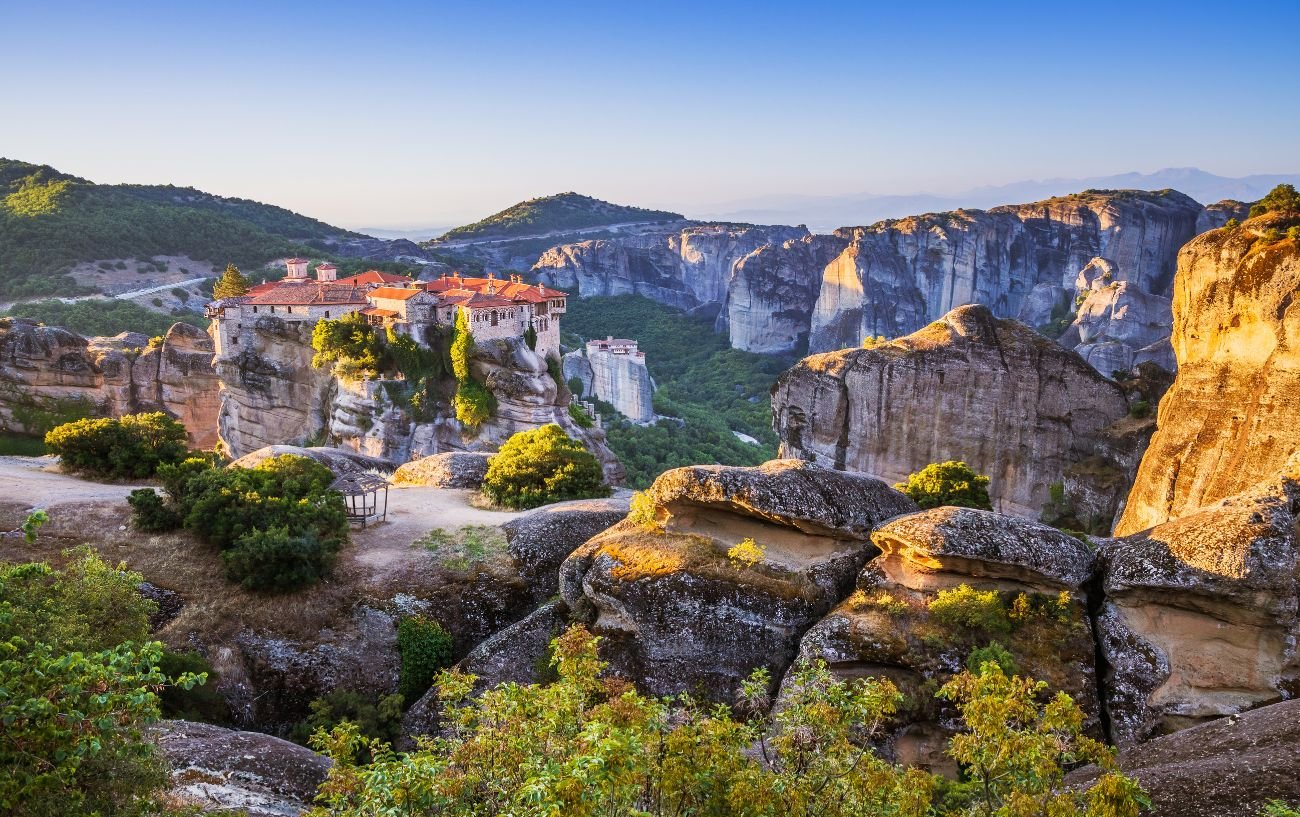 Meteora valley in Greece at sunset.