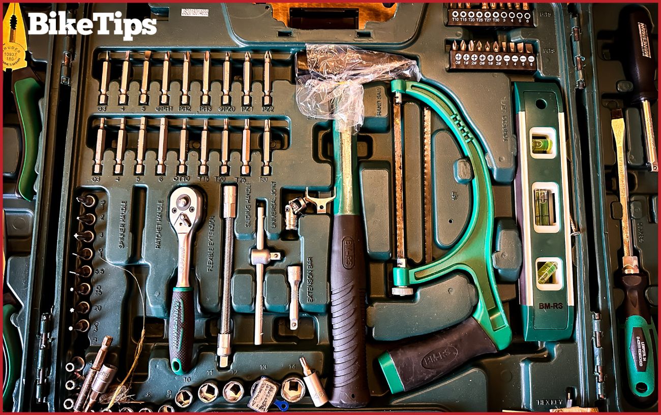 A green DIY toolbox used for basic bike repairs.