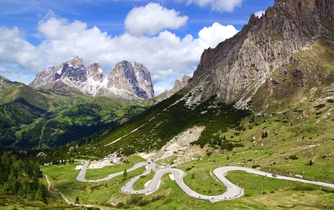 Hairpin bends up a mountain in the Dolomites.