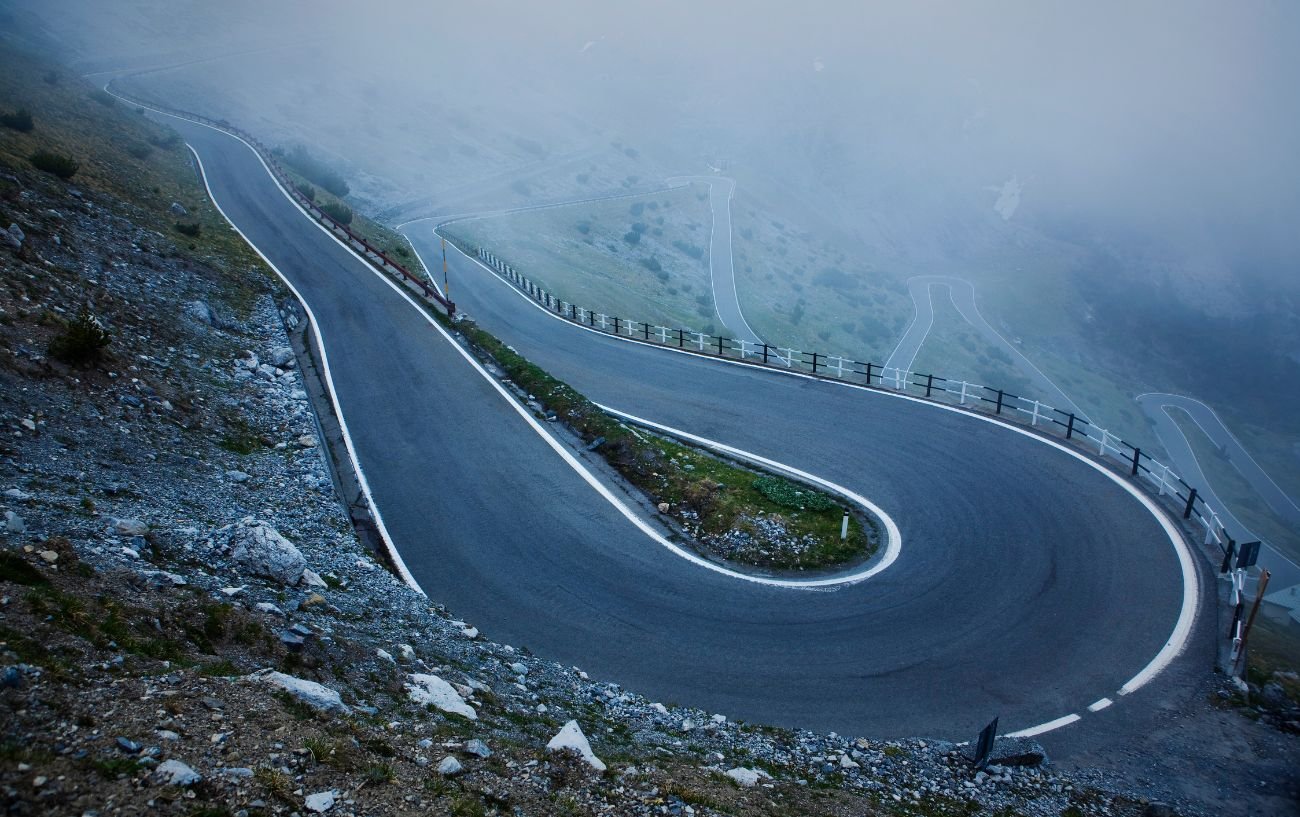 A foggy hairpin on the Stelvio Pass.