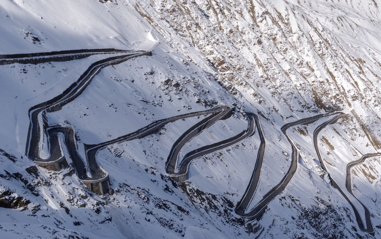 Snow-covered Stelvio Pass in winter.