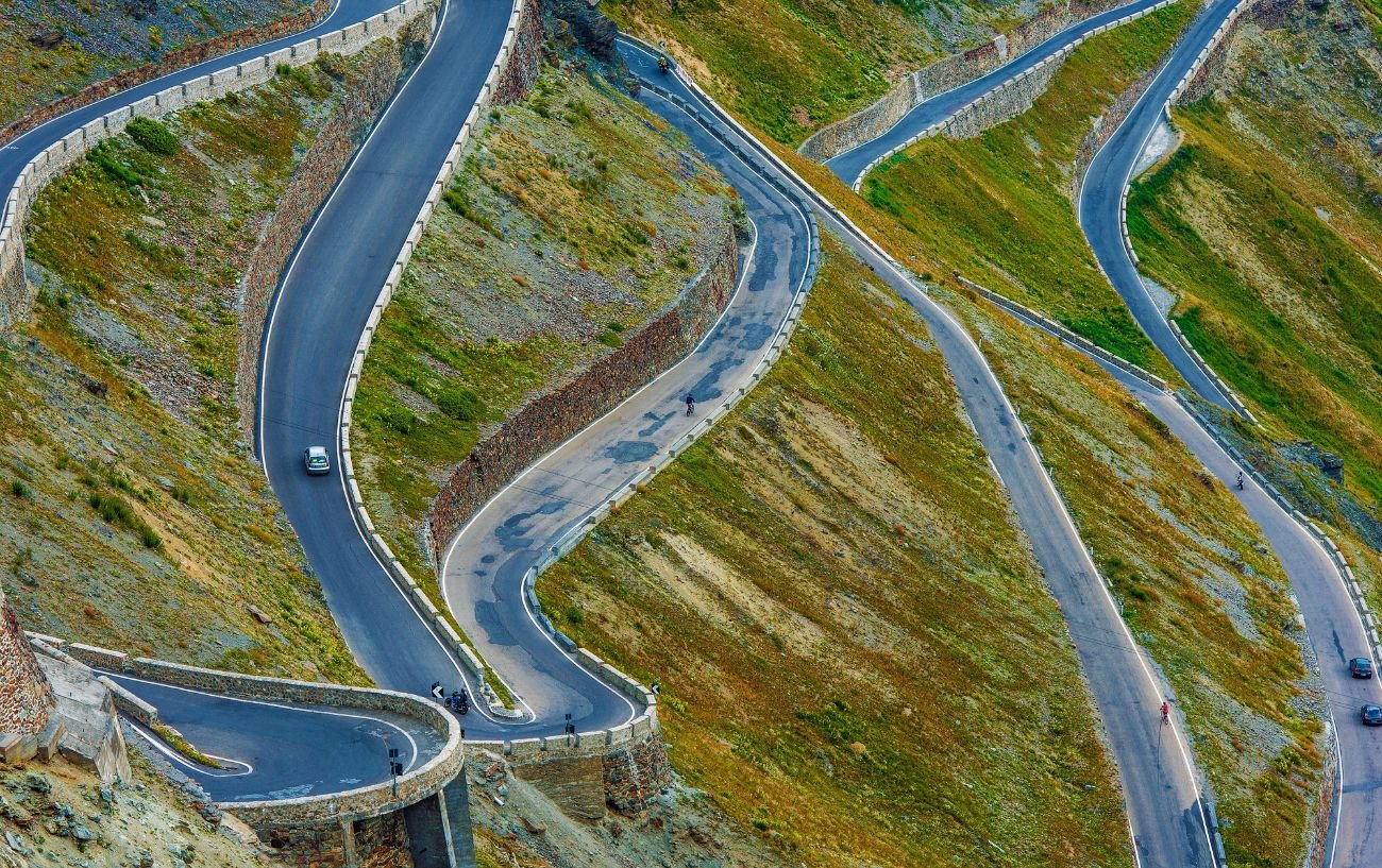 The asphalt ribbon of road near the top of the Stelvio Pass.