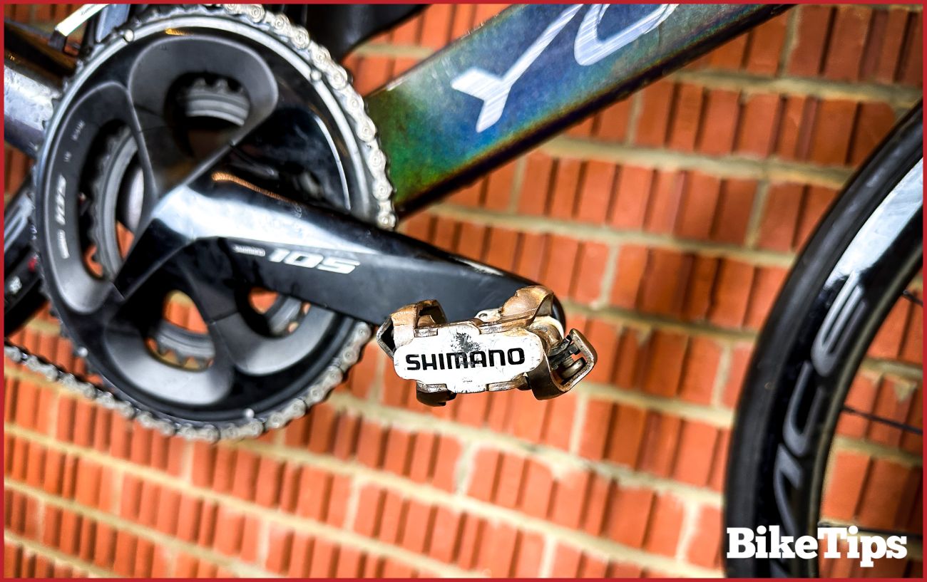 Close-up of a Shimano drive-side pedal.