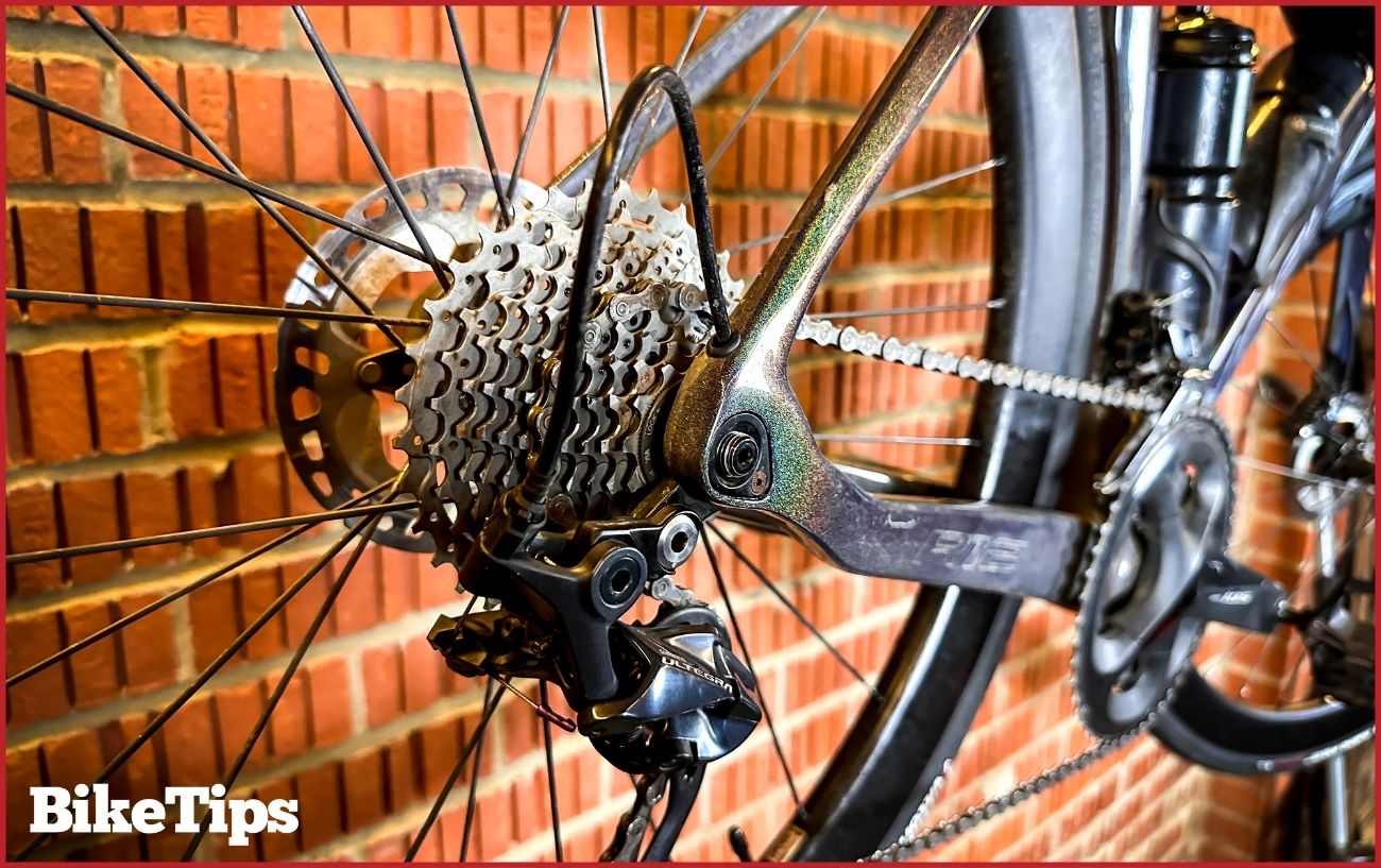 Close-up of a bike drivetrain that's been cleaned with WD40.