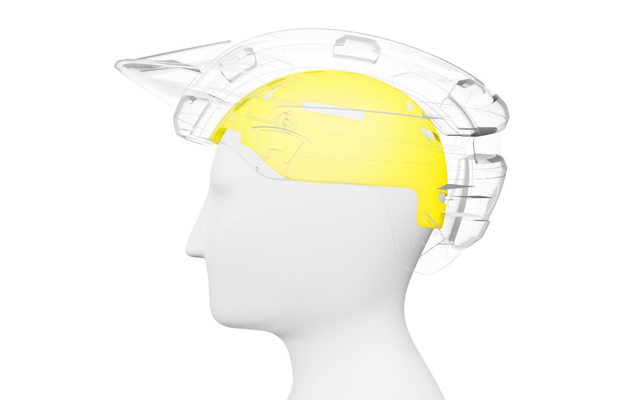 Diagram showing the placement of the yellow MIPS liner within a helmet.