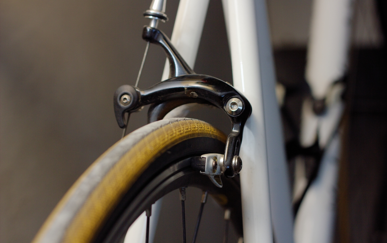 Rim brake on a road bike.