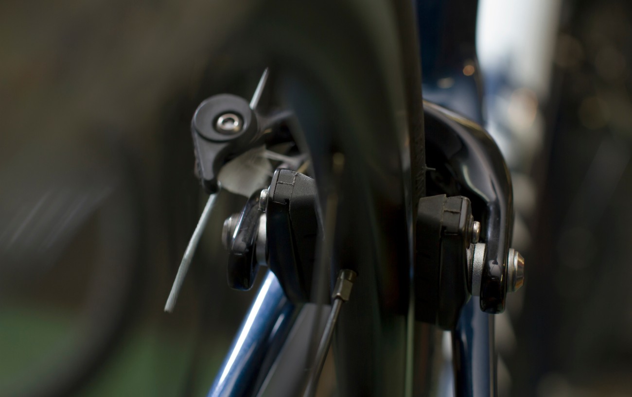 Rim brake shot from below.