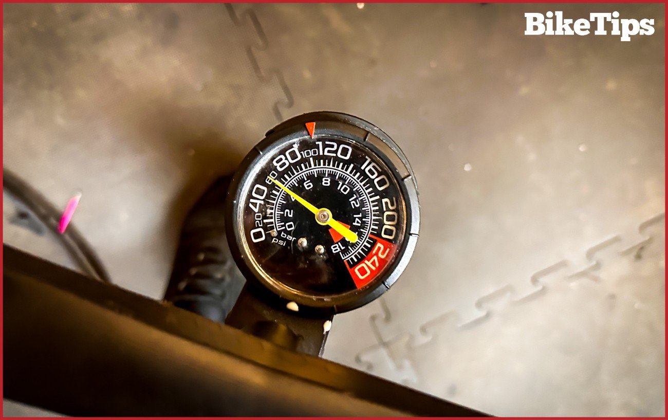 The pressure gauge on a track pump.