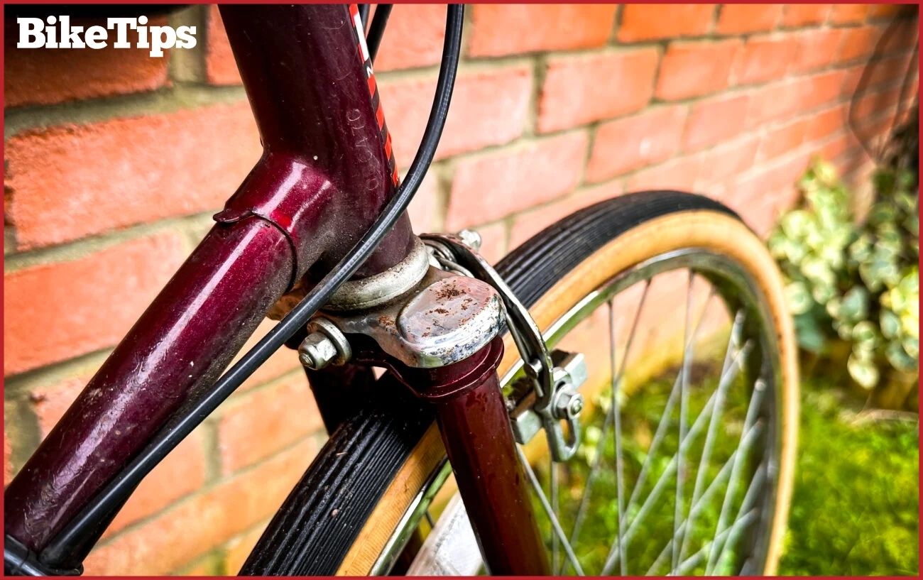 Mild rust appears on the fork of a burgundy road bike.
