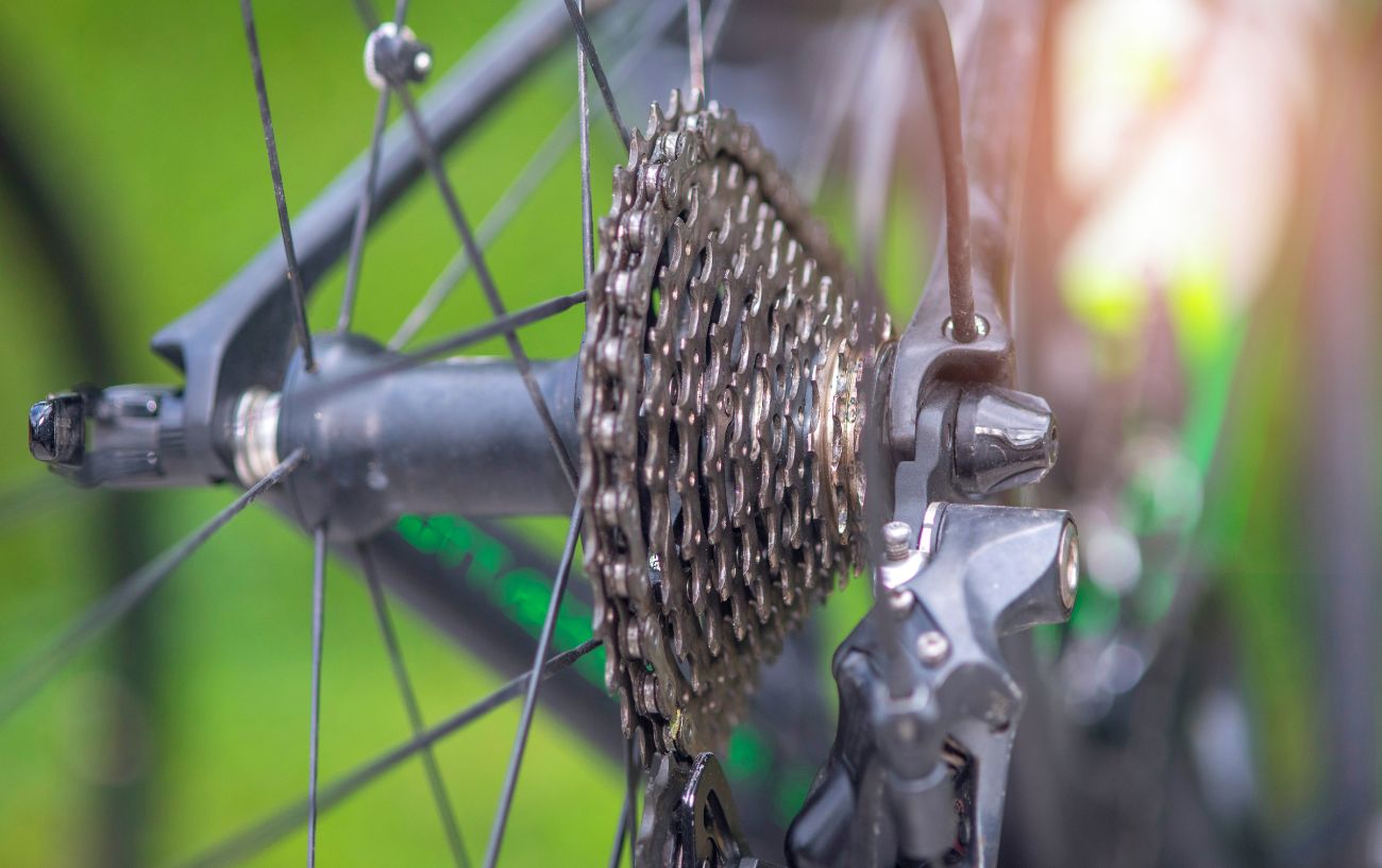 Close-up of a chain on the biggest ring of the cassette.