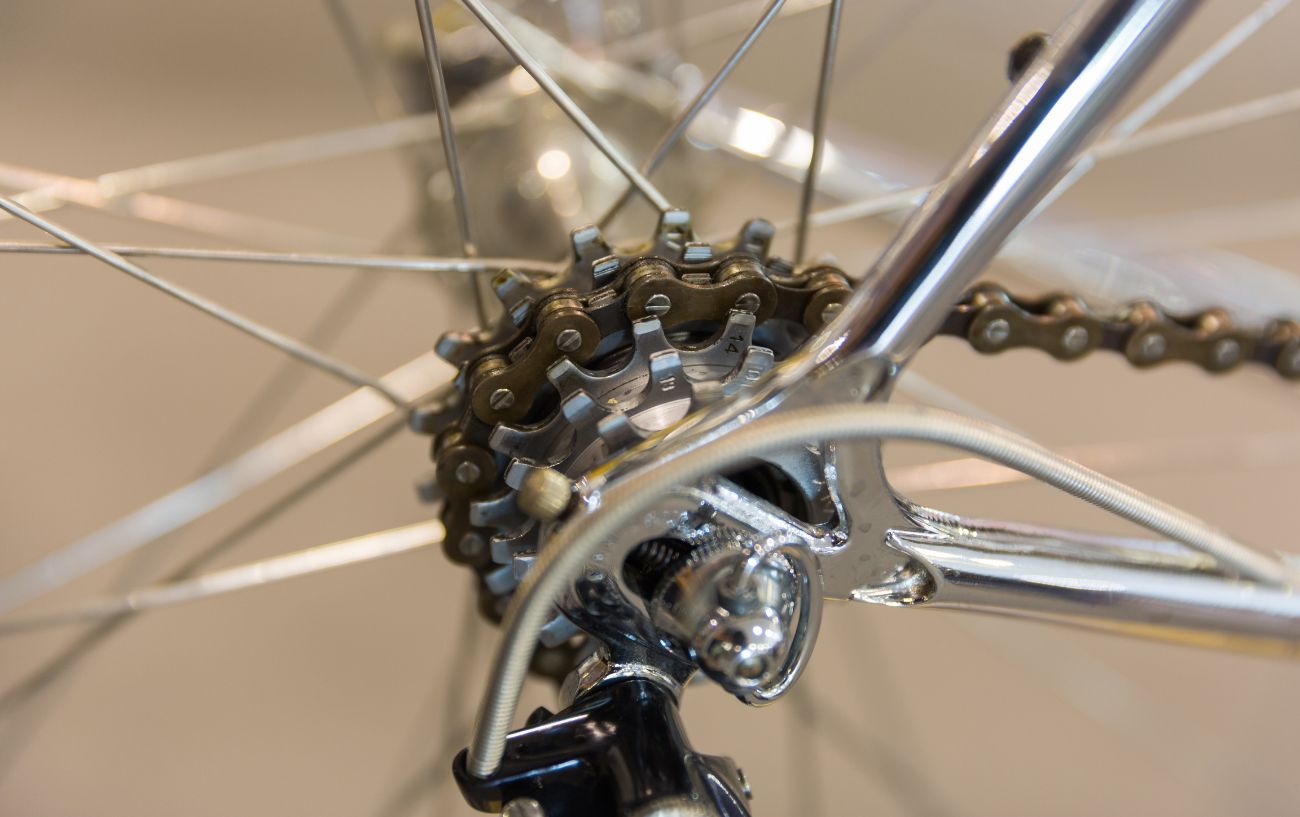 Close-up of a freewheel on a silver vintage bike.