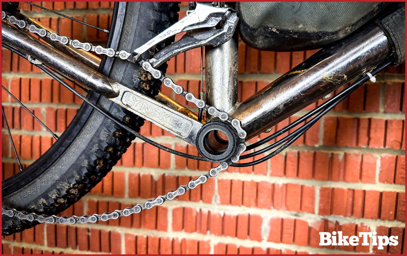 The exposed bottom bracket on the driveside after bike crank removal.
