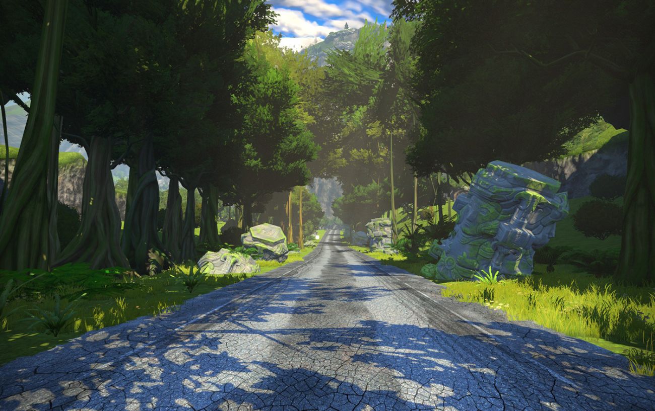View of a tree-lined road in Zwift's virtual world.