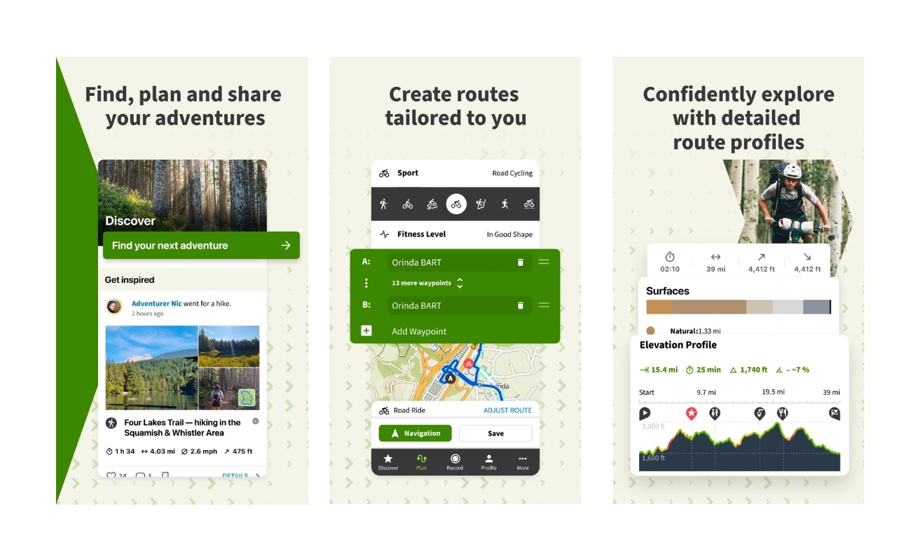 Screenshots showing different elements of the Komoot app.