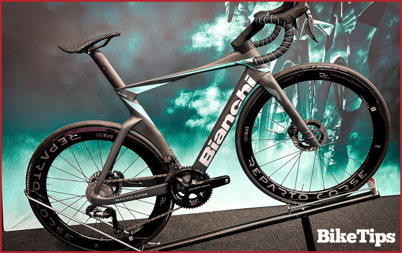 The Bianchi Oltre RC on a stand at the London Cycle Show.