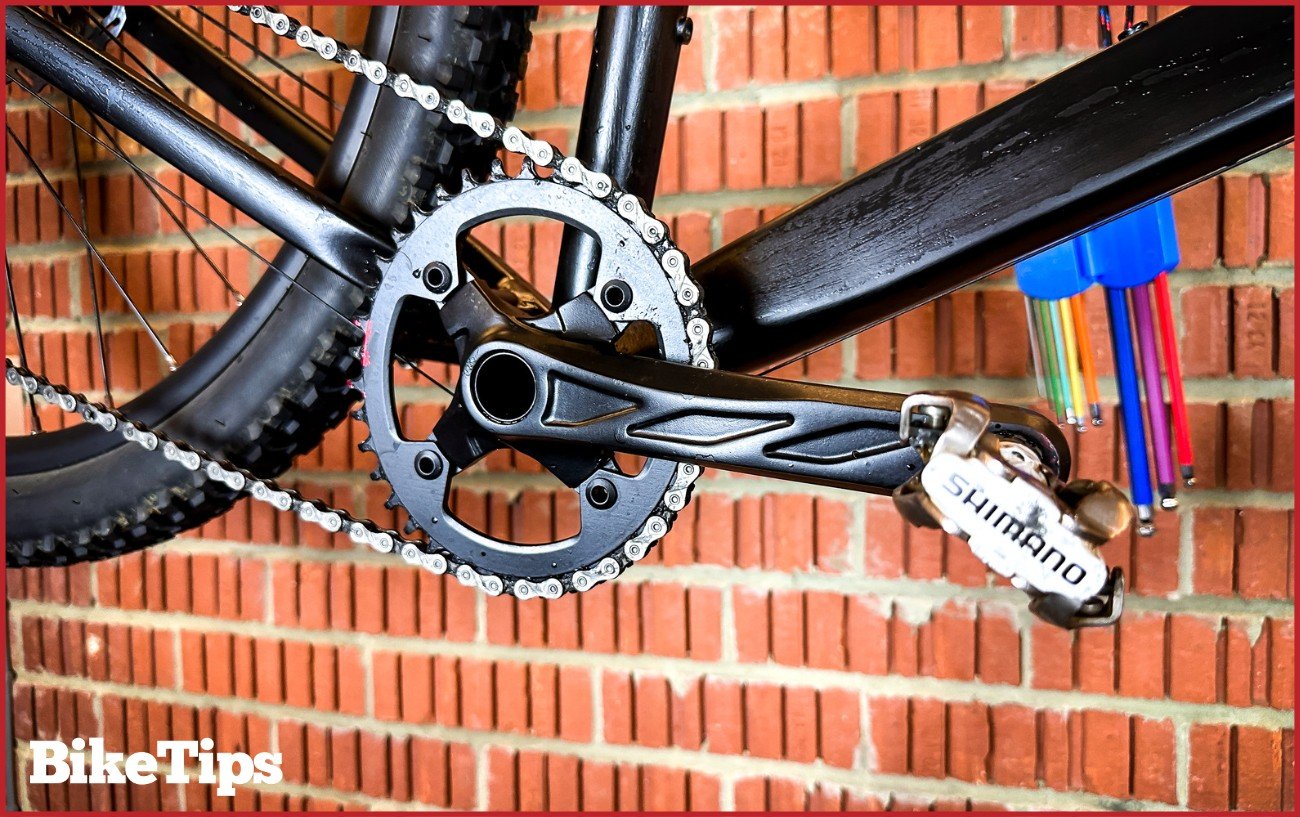 A 1x oval mountain bike crankset with a Shimano pedal attached.