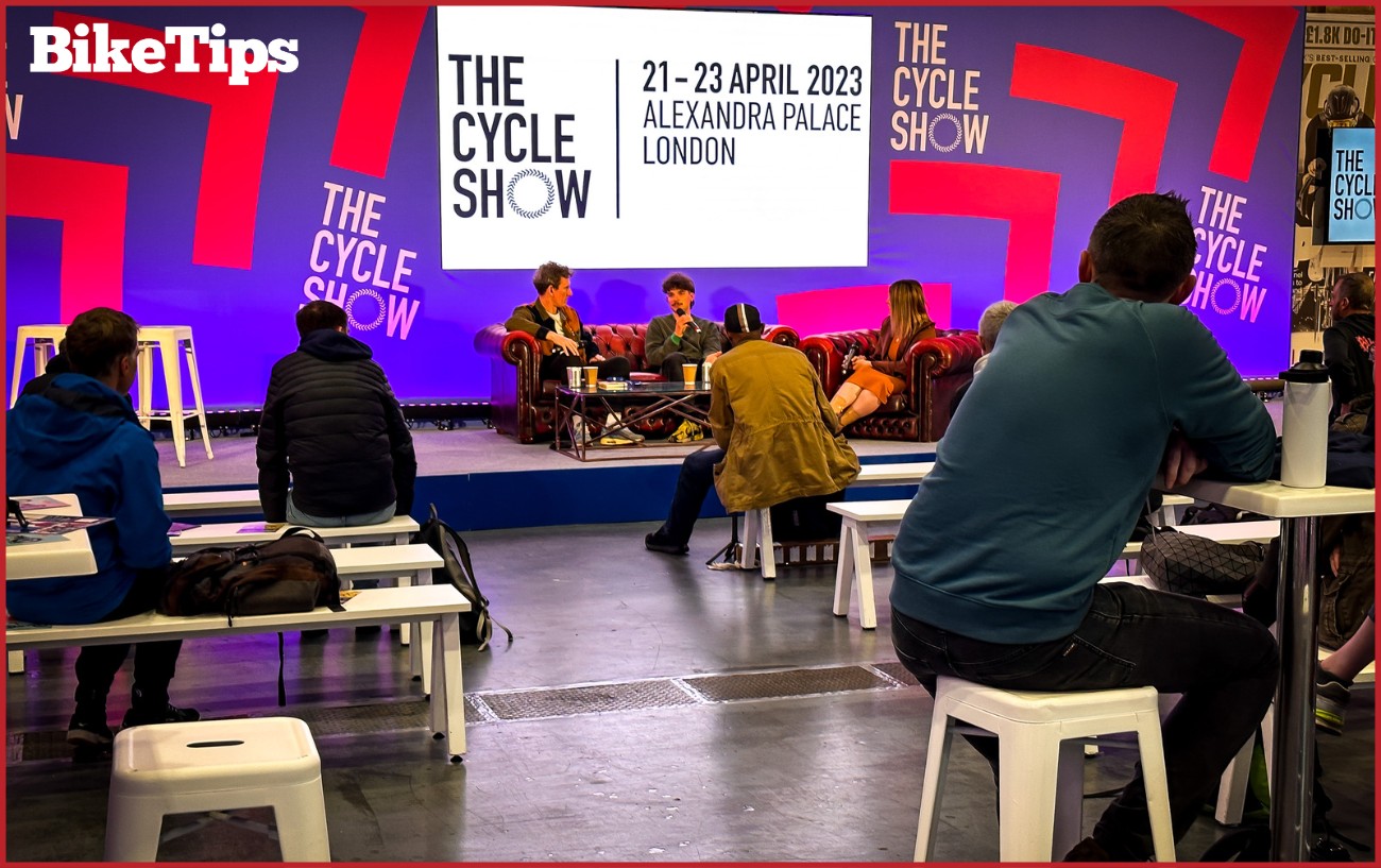 The main stage of the London Cycle Show. With Matt Stephens speaking.