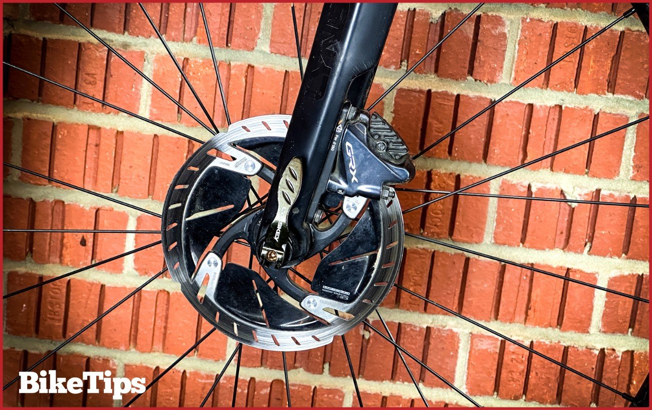 A Shimano GRX hydraulic disc brake on a Lynskey carbon gravel fork.