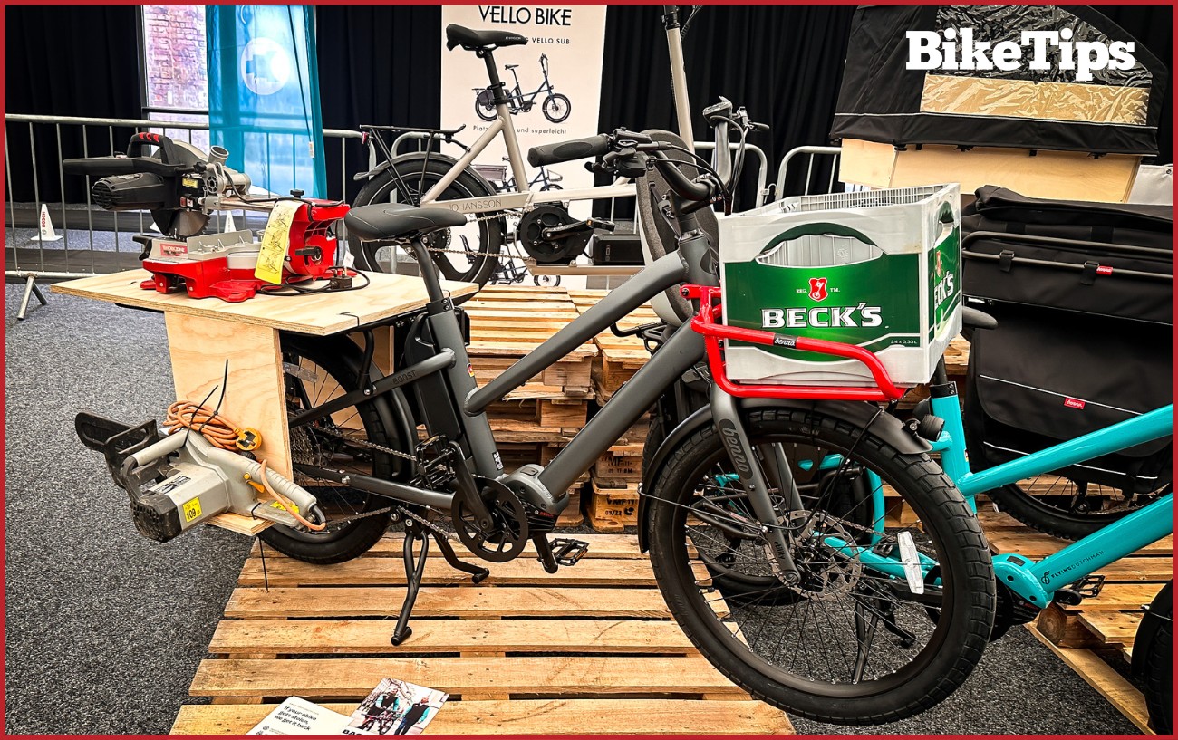 An electric cargo bike which has been converted for a carpenter or handyperson at the London Cycle Show.