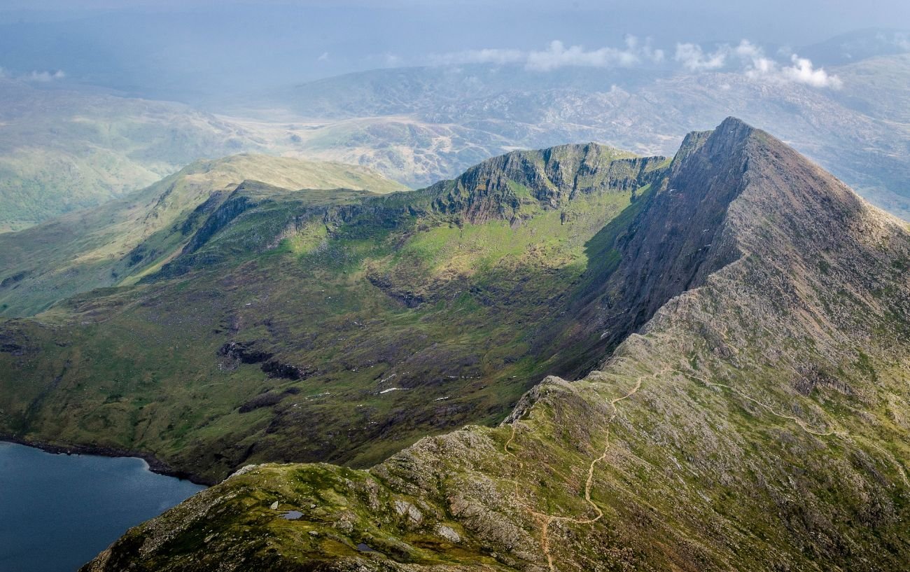 Aerial view of mountainous Snowdonia.