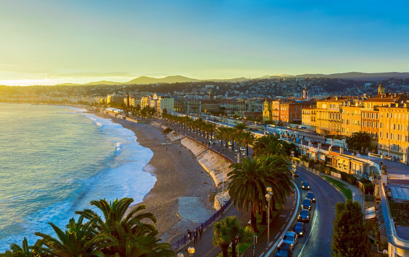 View across the beach in Nice at sunset.