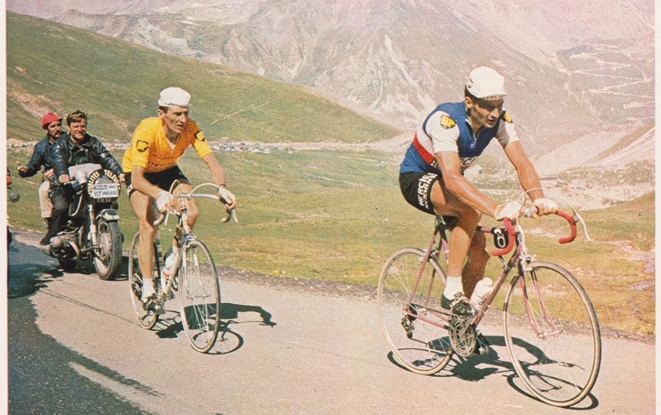 Roger Pingeon, the eventual Tour de France winner, is paced up the Col du Galibier at the 1967 Tour de France by domestique Raymond Poulidor. 