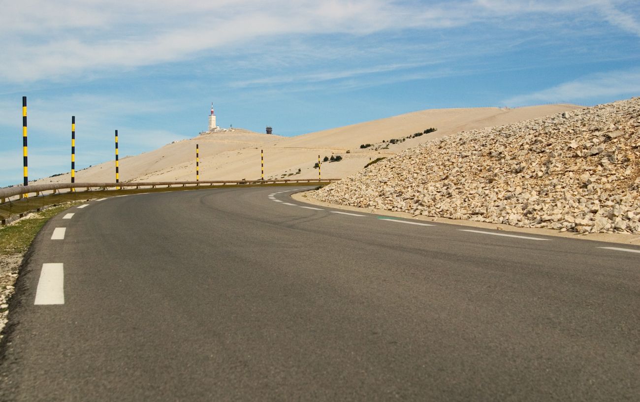 View of the road approaching the summit of the Mont Ventoux climb.