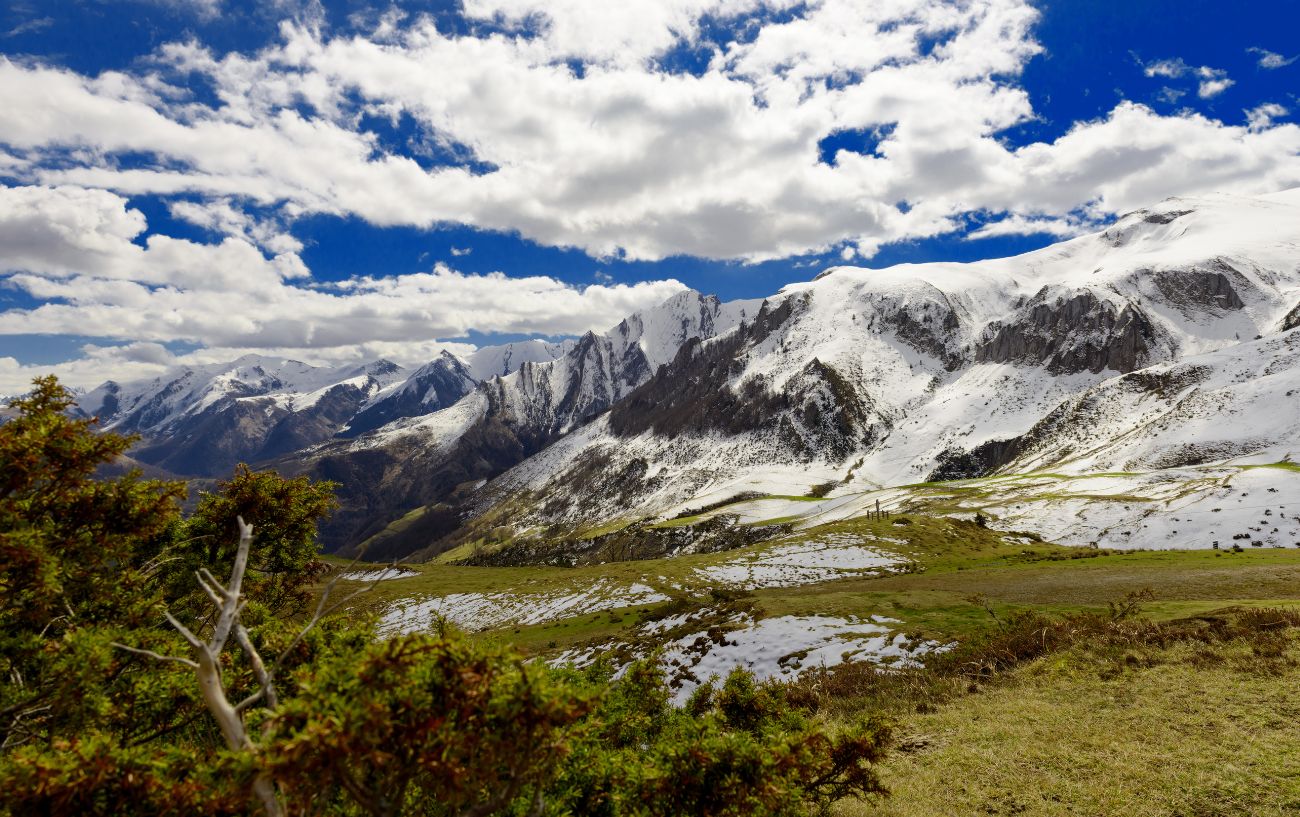 View of snow-capped mountains around the Col du Soulor.