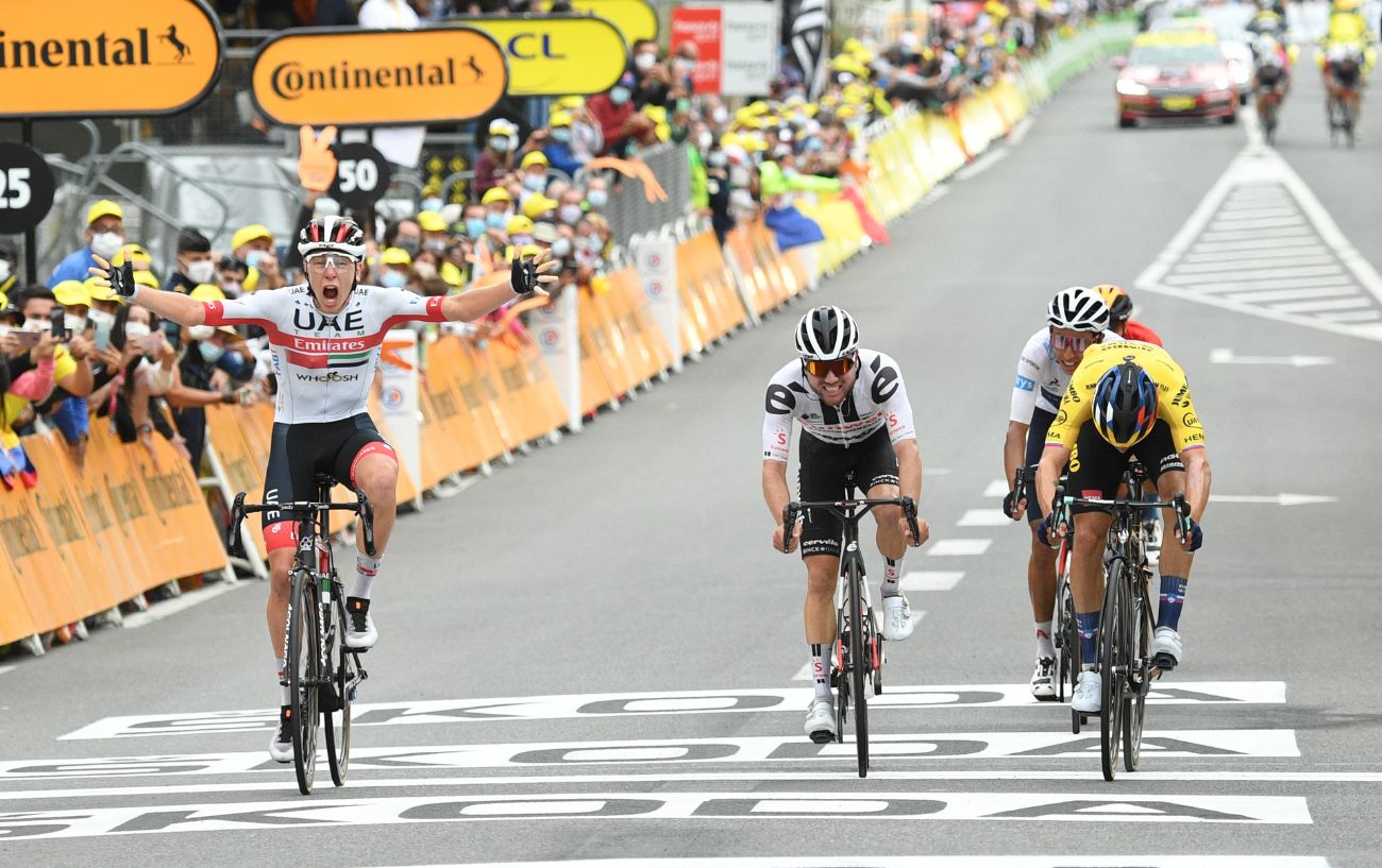 Tadej Pogacar celebrates a stage win at the 2020 Tour de France.