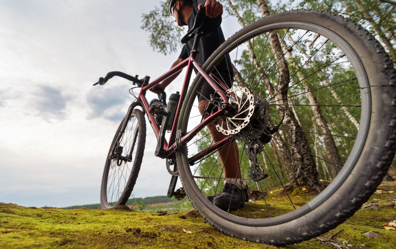 Close-up of a gravel bike wheelset.