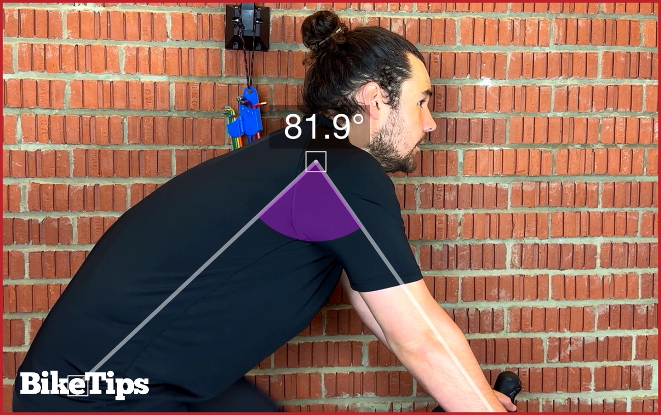 Showing the angle of the shoulder on a bike fit.