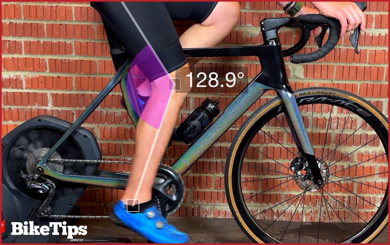 Showing the angle of the knee on a bike fit.