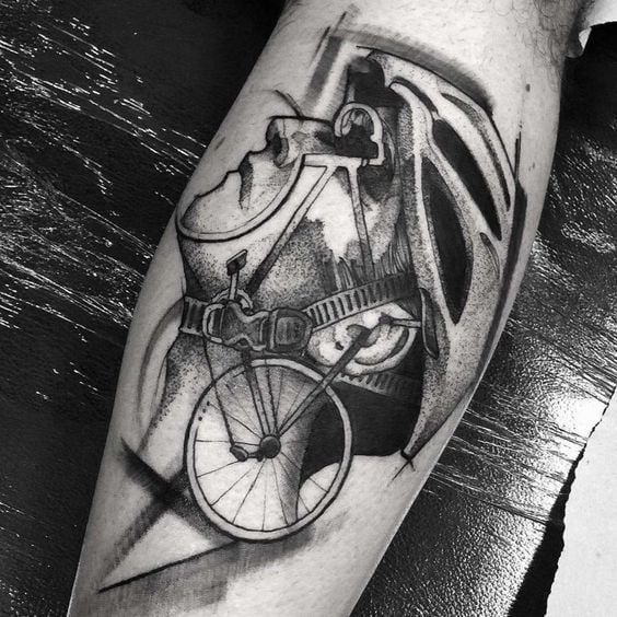 surreal portrait bicycle tattoo with dotwork and geometry touches