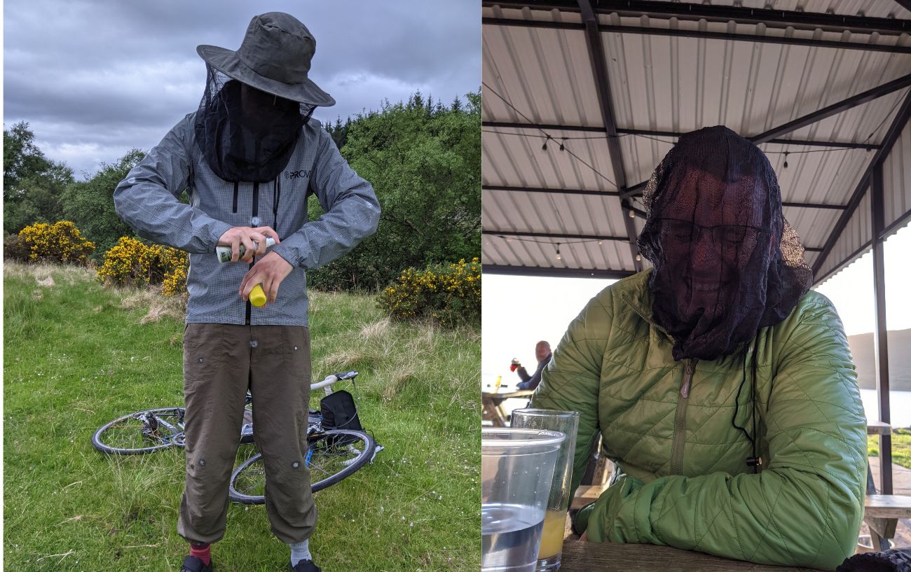 Using mosquito nets to fight midges while cycling the North Coast 500.