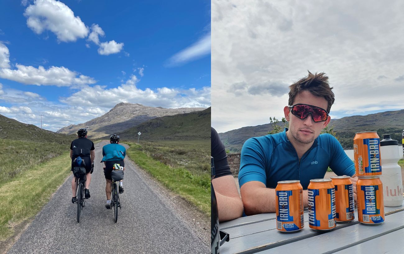 Two cyclists pedalling along a narrow road on the NC500 and drinking Irn-Bru.