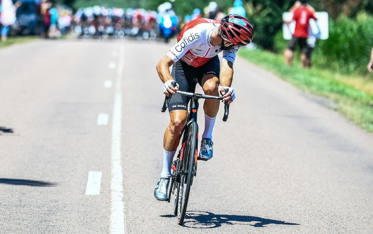 A cyclist on a breakaway at the Tour de France.