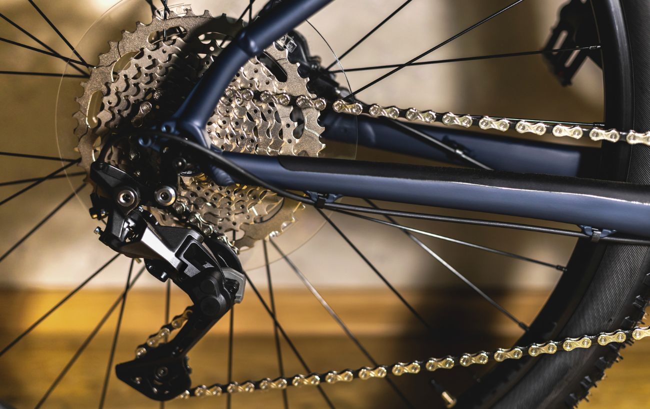 The rear end of a mountain bike's drivetrain.
