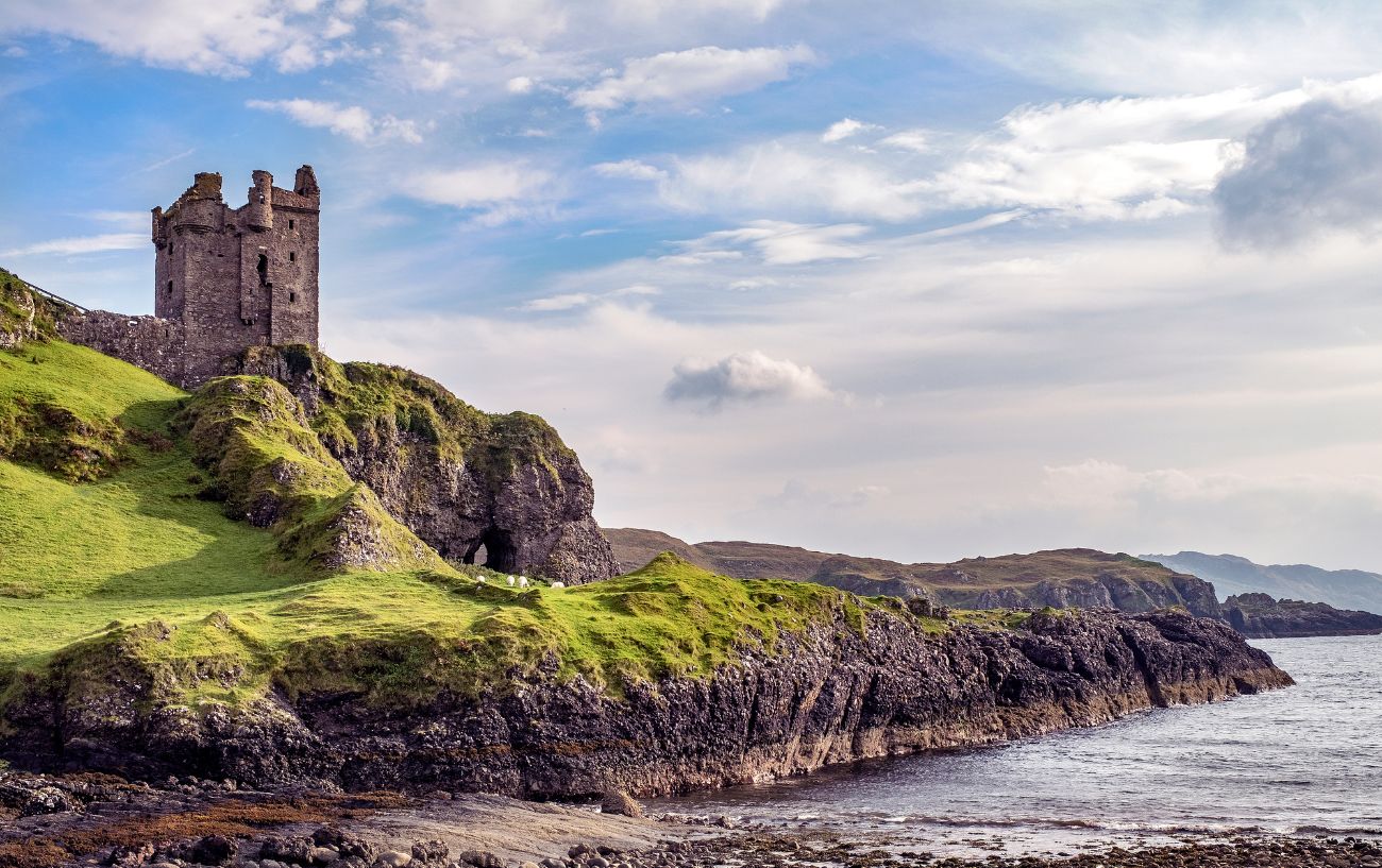View of a castle overlooking the Scottish coast.