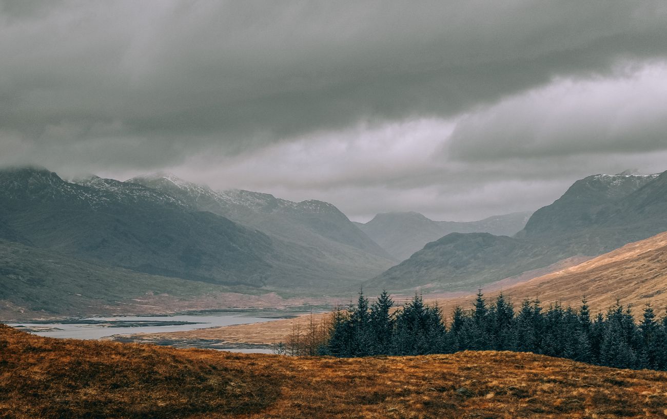 View of a storm over the Scottish Highlands.