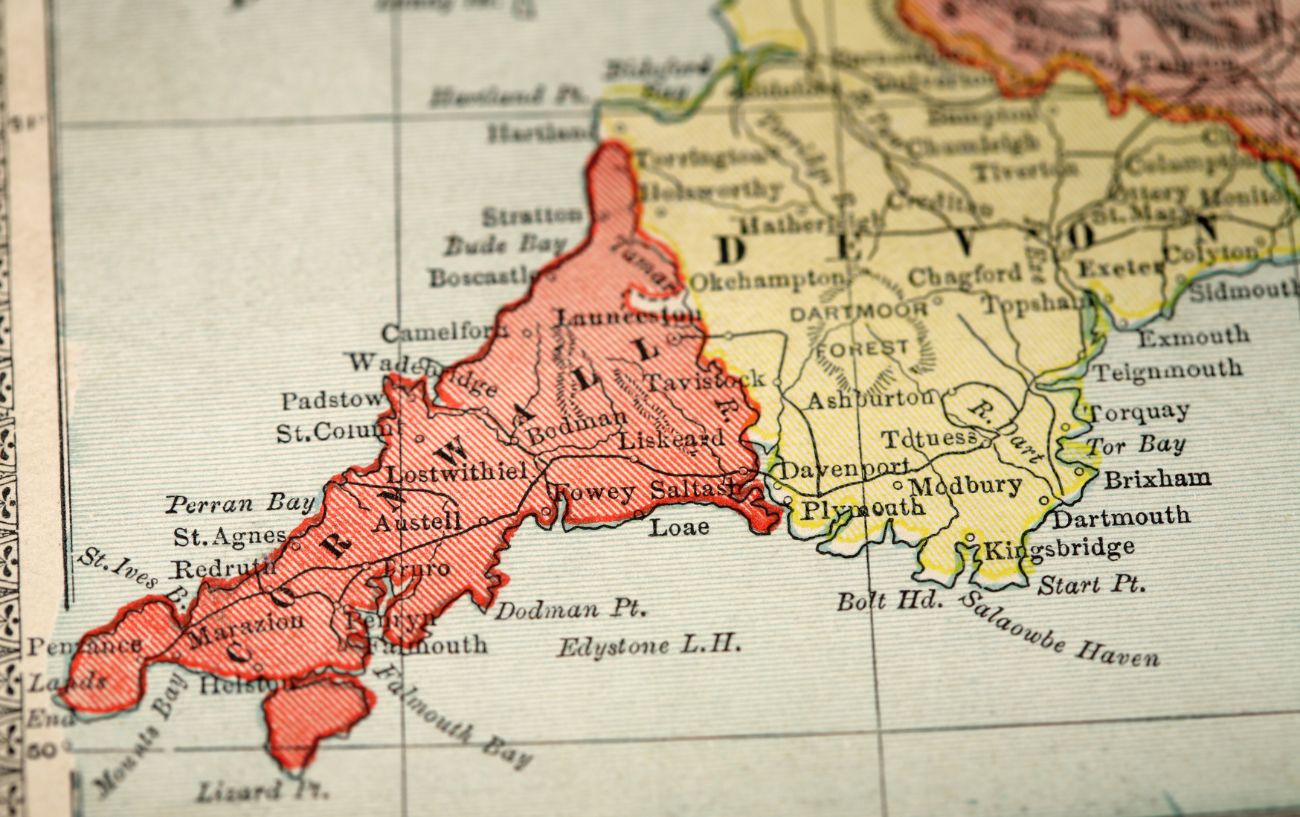 An old map of Cornwall, the start of the Lands End to John o'Groats cycle route.