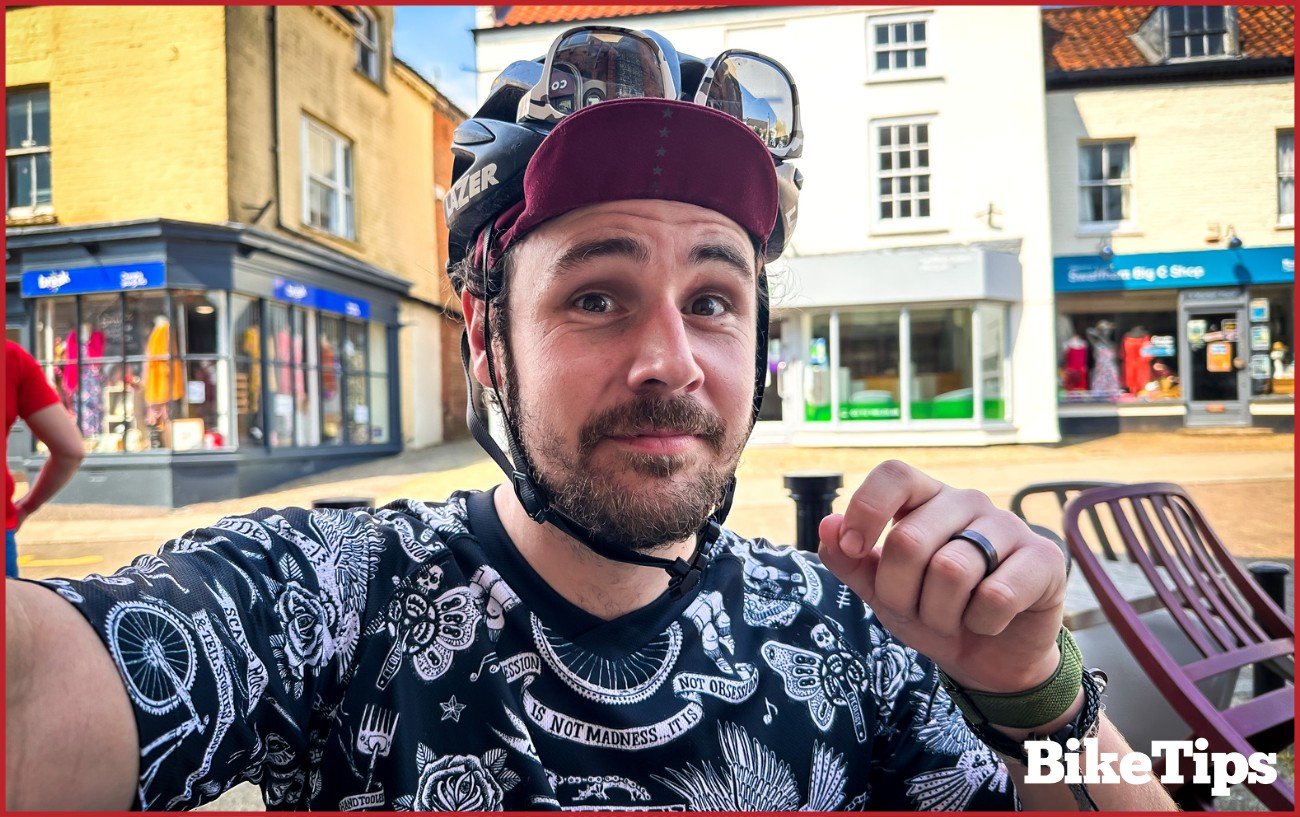 A cycling selfie at a coffee shop.