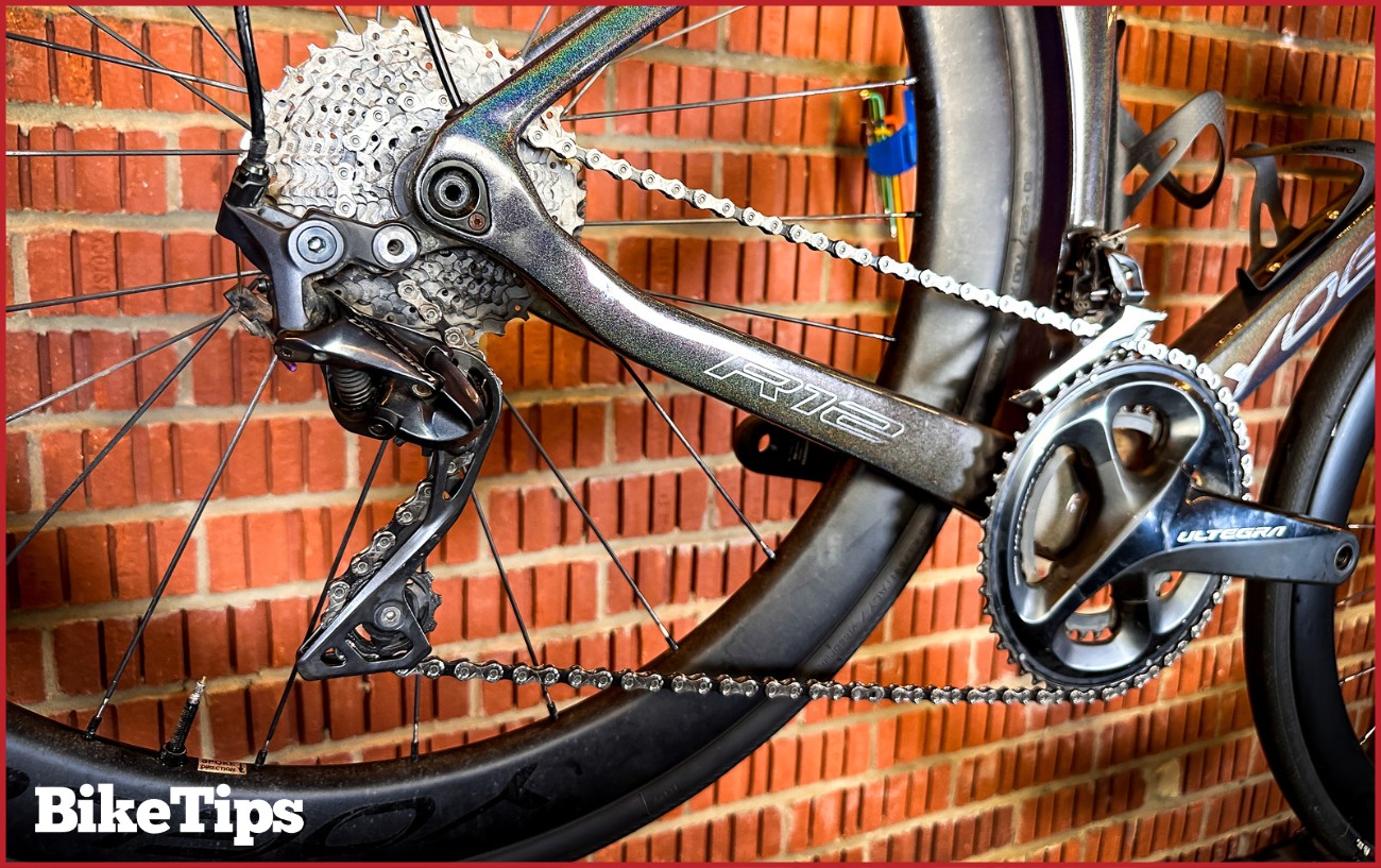 A Shimano Ultegra groupset with the bike in the stand. 