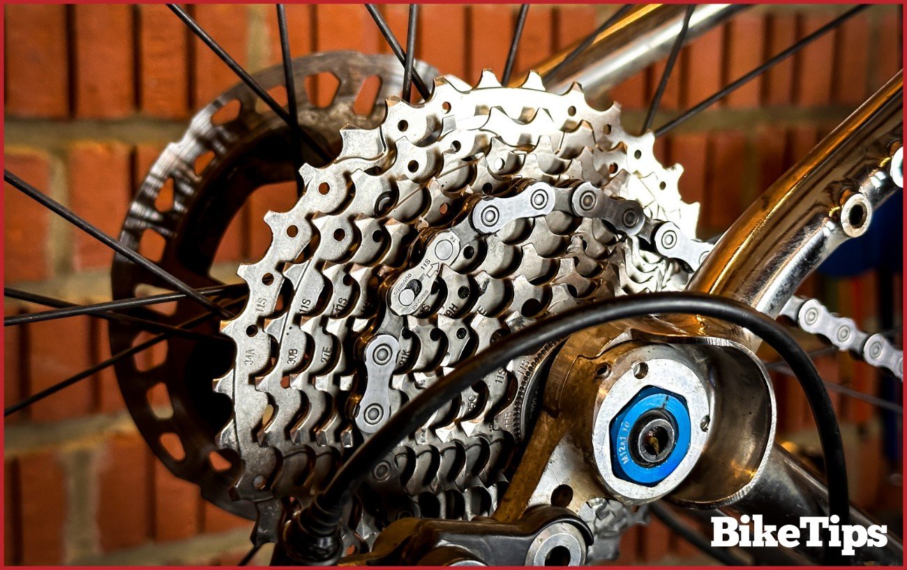 Close up of a Shimano cassette with a master chain link on the middle cog. 