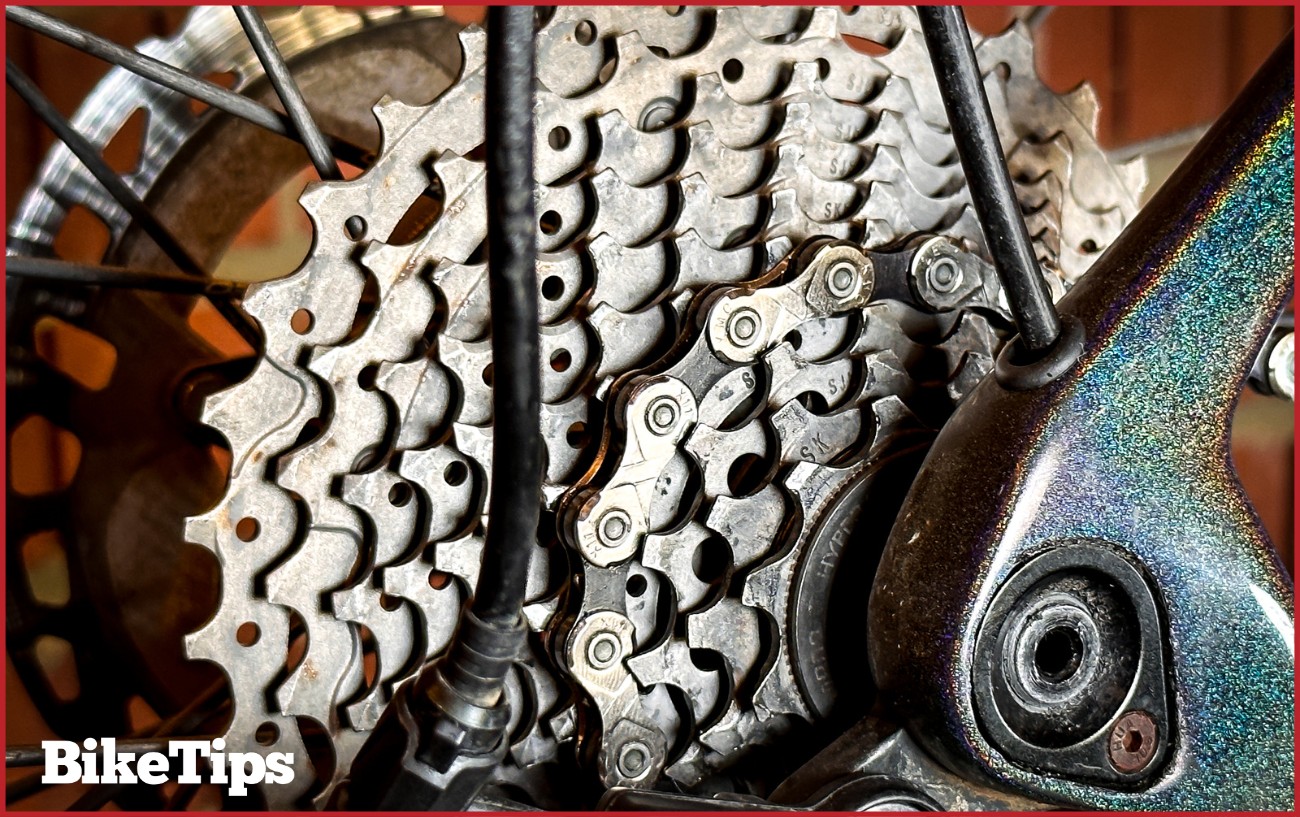 A close up of a bike cassette with a new chain.