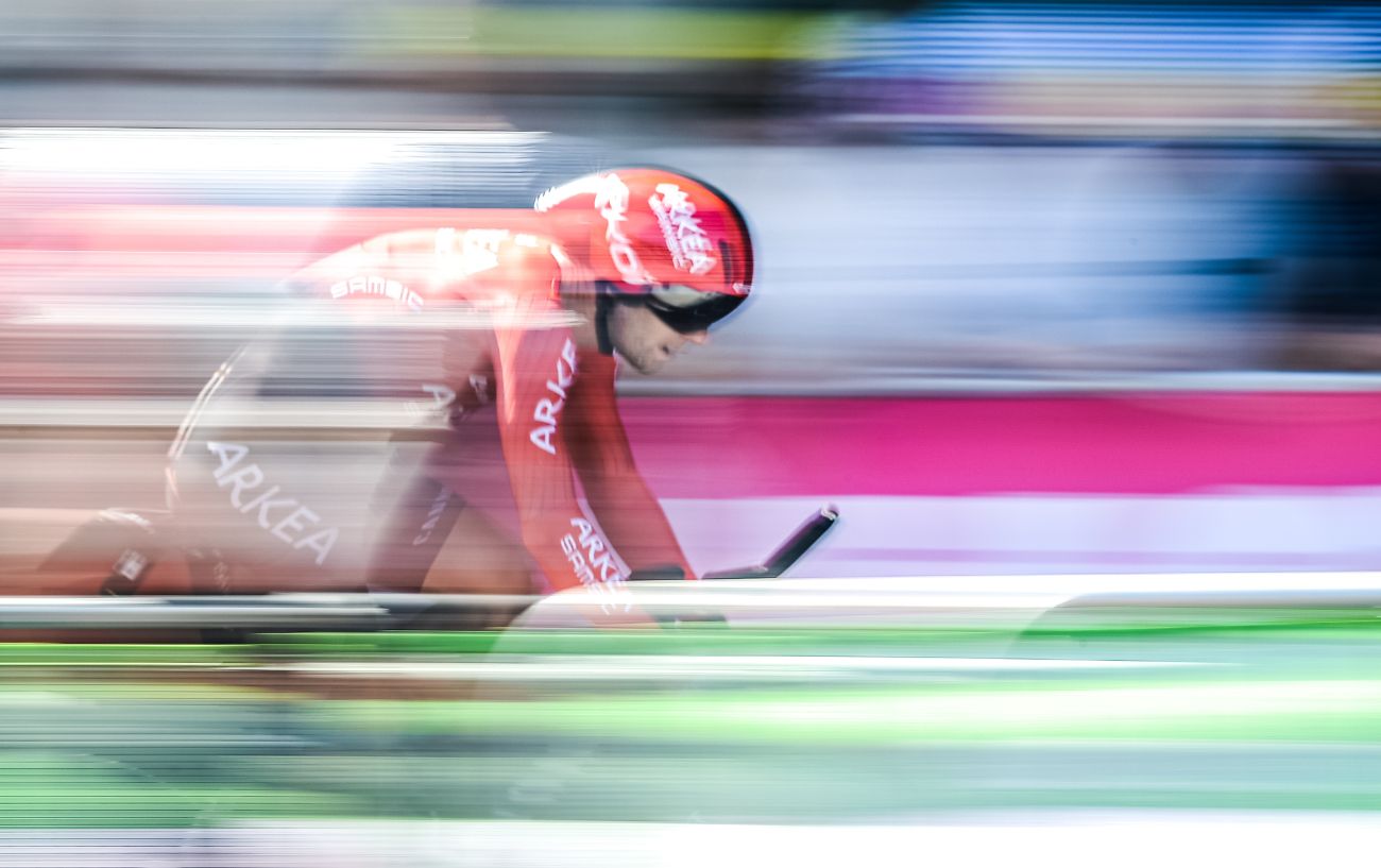 Blurred photo of a Tour de France rider in a time trial.